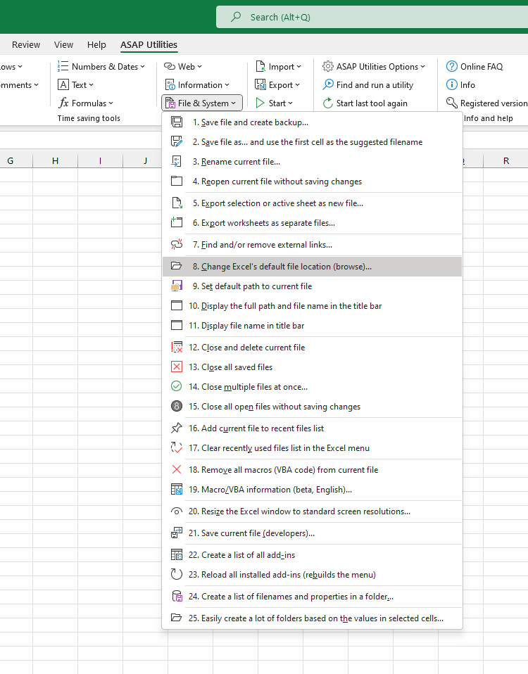 File & System  ›  8 Change Excel's default file location (browse)...