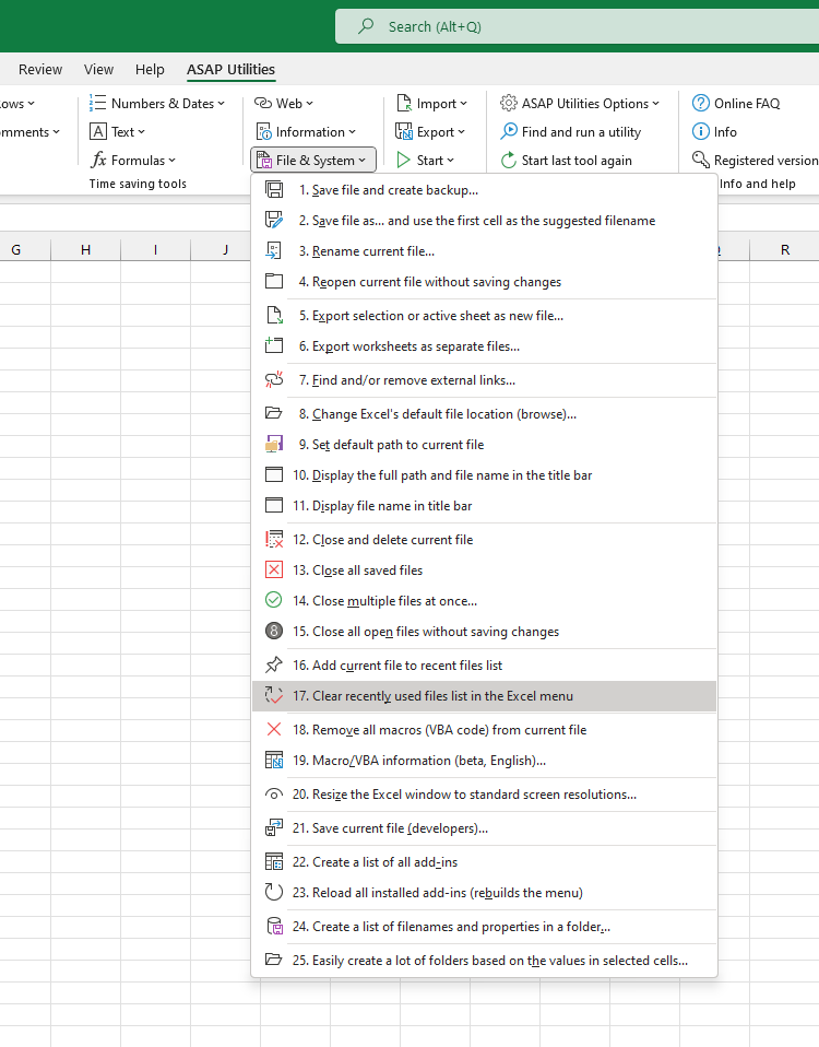 File & System  ›  17 Clear recently used files list in the Excel menu