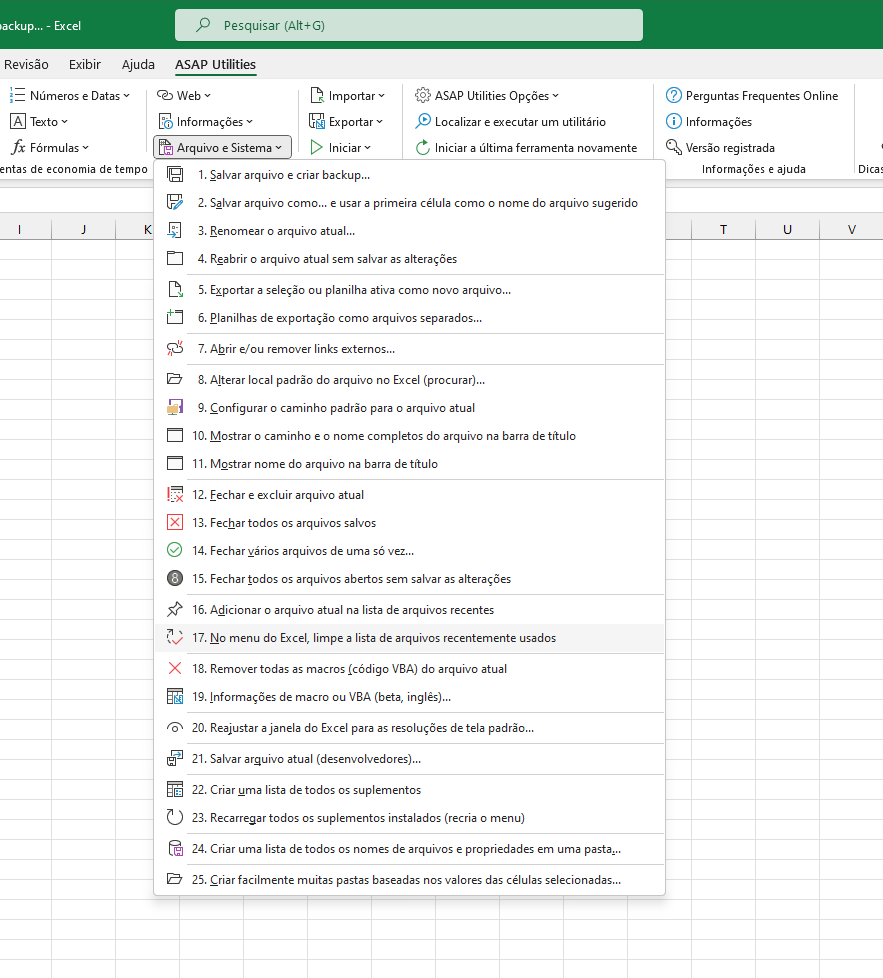 Arquivo e Sistema  ›  17 No menu do Excel, limpe a lista de arquivos recentemente usados