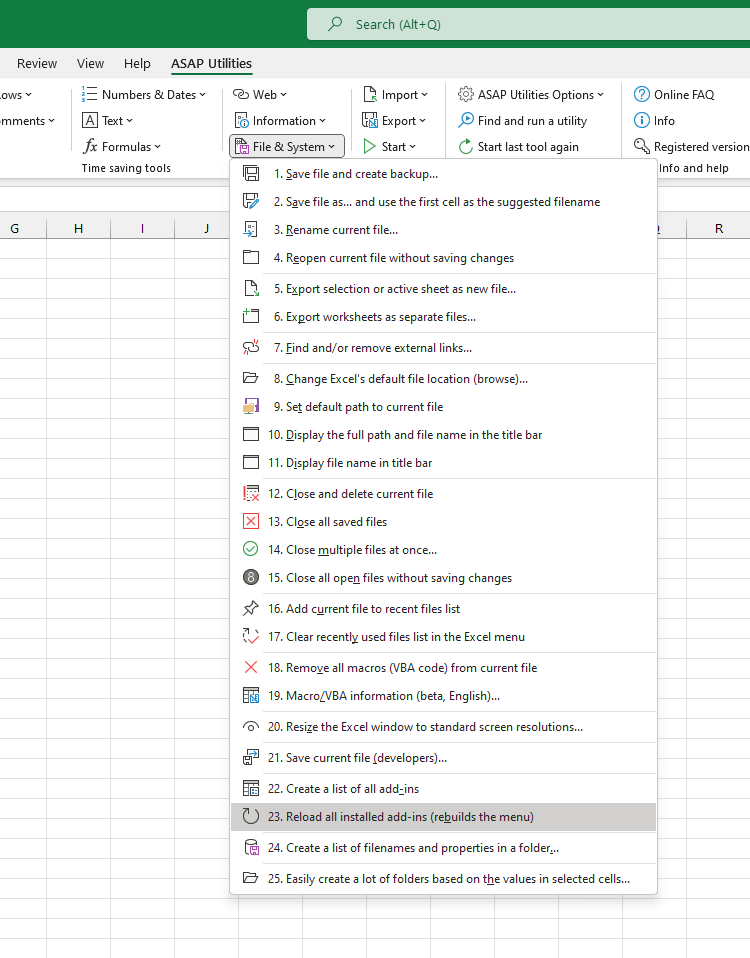 File & System  ›  23 Reload all installed add-ins (rebuilds the menu)