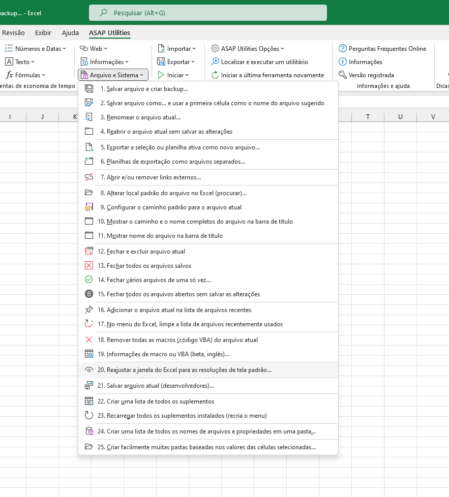 Arquivo e Sistema  ›  20 Reajustar a janela do Excel para as resoluções de tela padrão...