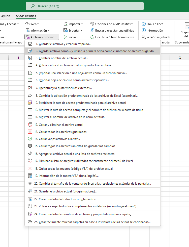 Archivo y Sistema  ›  2 Guardar archivo como... y utilice la primera celda como el nombre de archivo sugerido