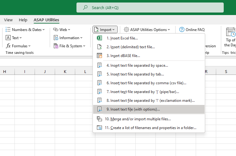 Import  ›  9 Insert text file (with options)...