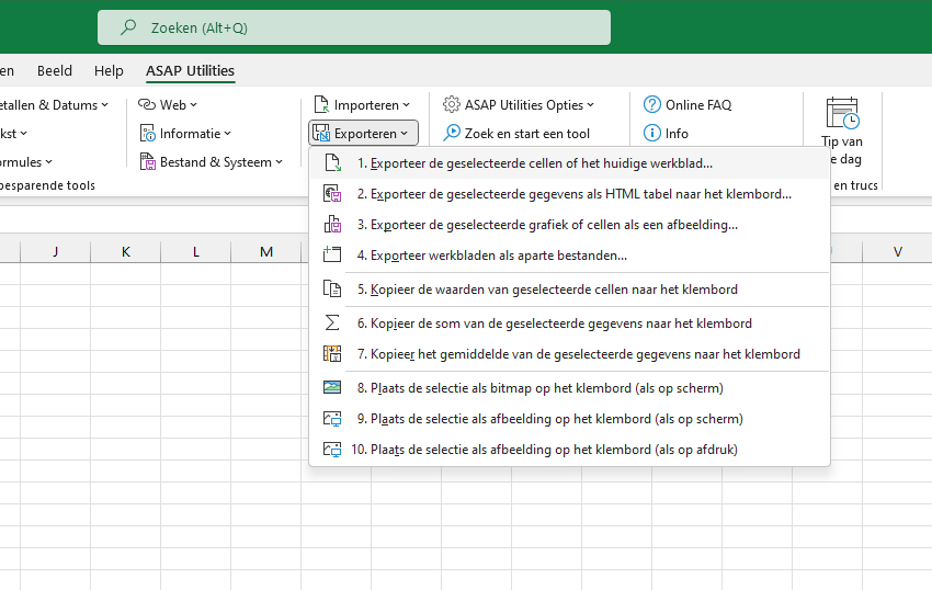 Exporteren  ›  1 Exporteer de geselecteerde cellen of het huidige werkblad...