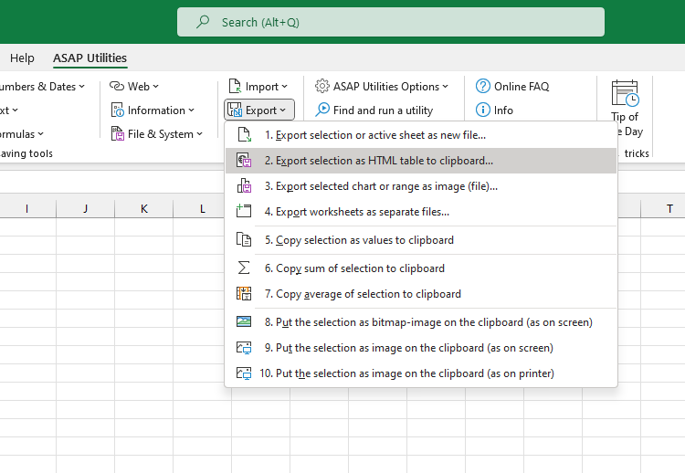 Export  ›  2 Export selection as HTML table to clipboard...