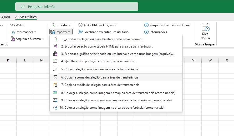 Exportar  ›  6 Copiar a soma de seleção para a área de transferência