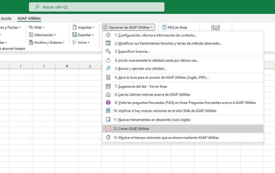 Opciones de ASAP Utilities  ›  12 Cerrar ASAP Utilities