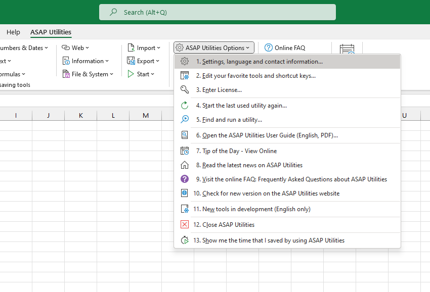 ASAP Utilities Options  ›  1 Settings, language and contact information...