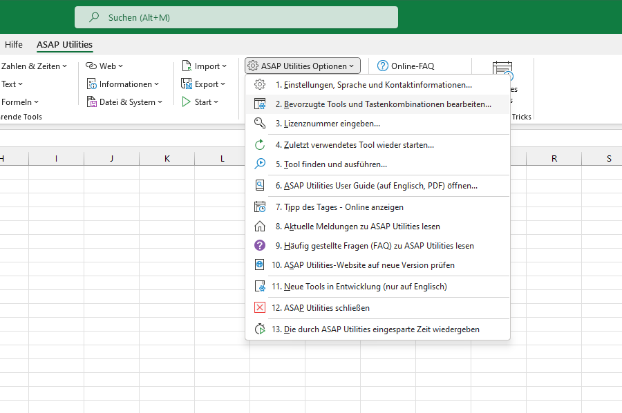 ASAP Utilities Optionen › 2 Bevorzugte Tools und Tastenkombinationen bearbeiten... ASAP Utilities Optionen › 2 Bevorzugte Tools und Tastenkombinationen bearbeiten...