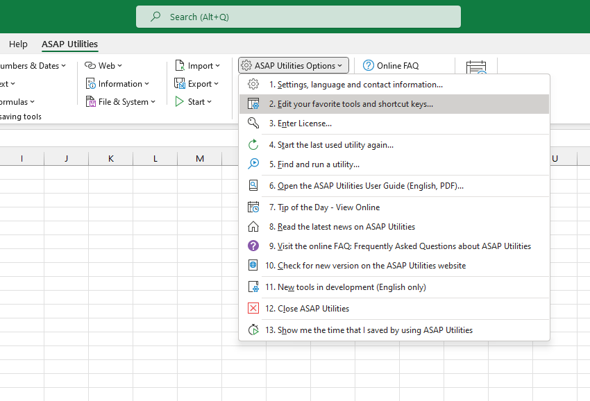ASAP Utilities Options  ›  2 Edit your favorite tools and shortcut keys...