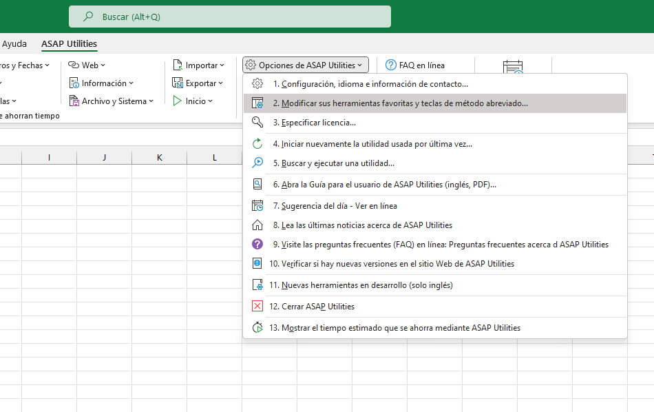 Opciones de ASAP Utilities  ›  2 Modificar sus herramientas favoritas y teclas de método abreviado...