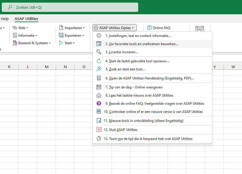 ASAP Utilities Opties  ›  2 Uw favoriete tools en sneltoetsen bewerken...