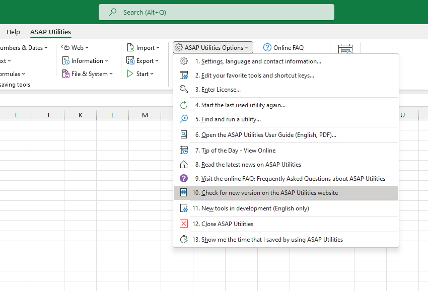 ASAP Utilities Options  ›  10 Check for new version on the ASAP Utilities website