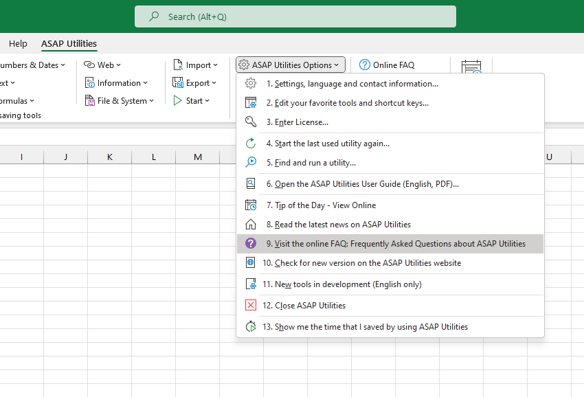ASAP Utilities Options  ›  9 Visit the online FAQ: Frequently Asked Questions about ASAP Utilities