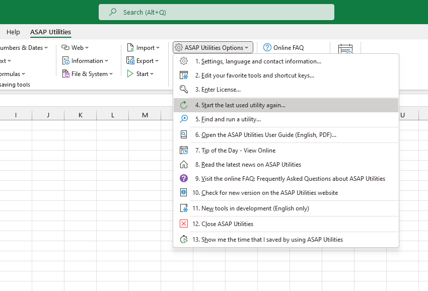 ASAP Utilities Options  ›  4 Start the last used utility again...