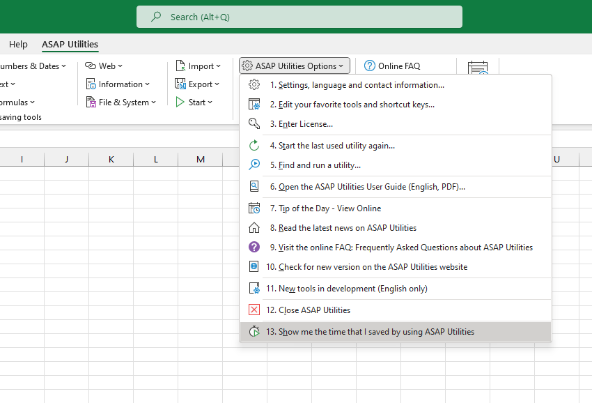 ASAP Utilities Options  ›  13 Show me the time that I saved by using ASAP Utilities