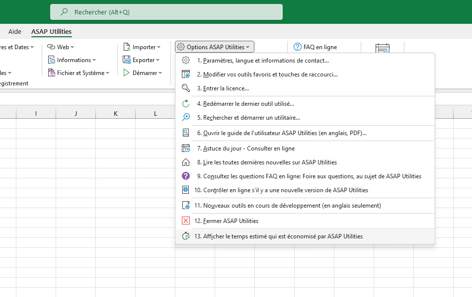 Options ASAP Utilities  ›  13 Afficher le temps estimé qui est économisé par ASAP Utilities