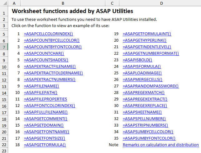 Worksheet functions added by ASAP Utilities