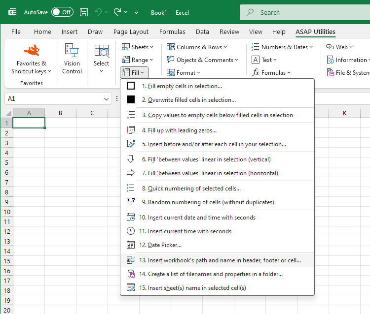 Fill  ›  13 Insert workbook's path and name in header, footer or cell...