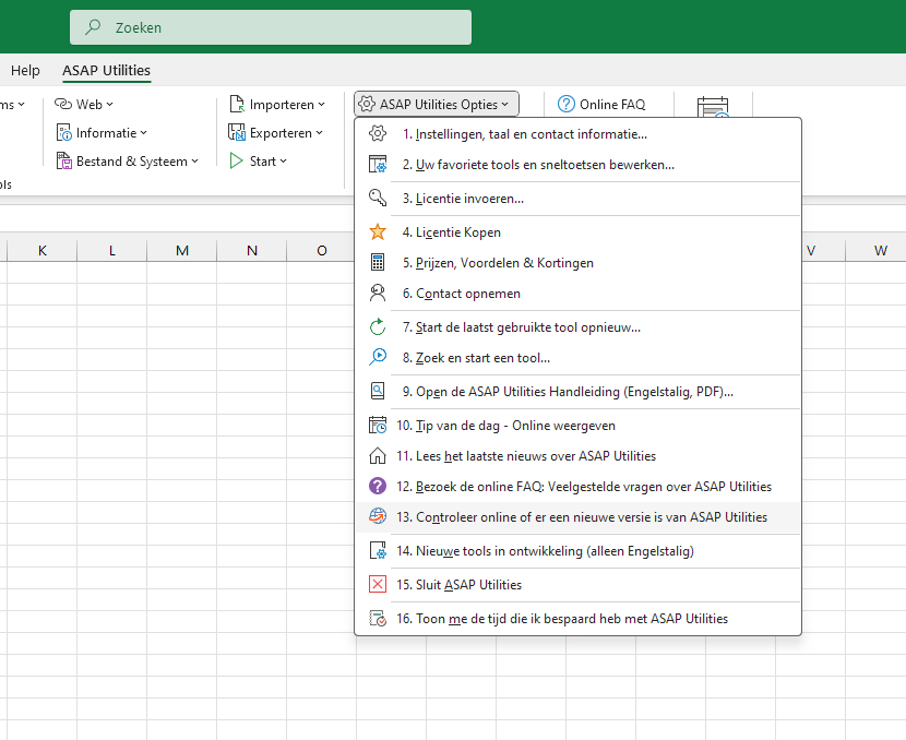 ASAP Utilities Opties  ›  13 Controleer online of er een nieuwe versie is van ASAP Utilities