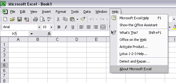 Help > About Microsoft Excel