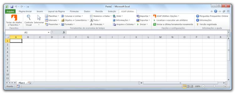Excel 2010 com ASAP Utilities em seu menu
