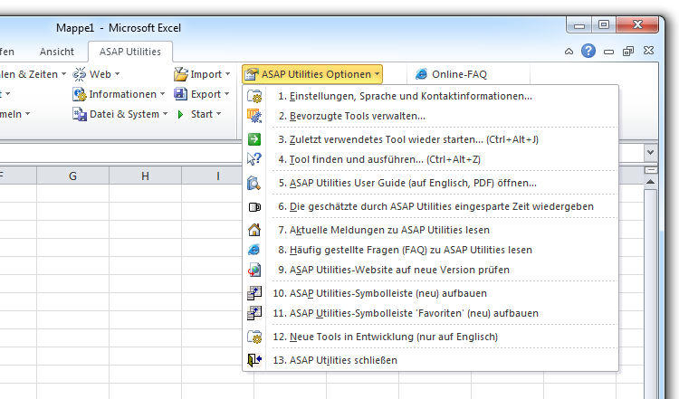 ASAP Utilities » ASAP Utilities Optionen ASAP Utilities Optionen