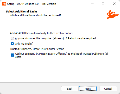 Choose to add ASAP Utilities automatically to the Excel menu for all users and perhaps add our company to the list of Trusted Publishers