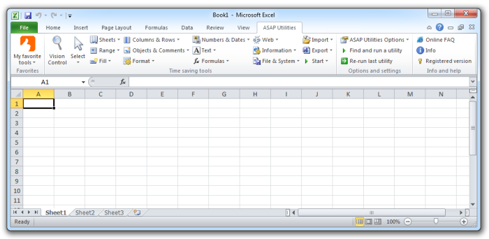Excel 2010 with ASAP Utilities in the menu
