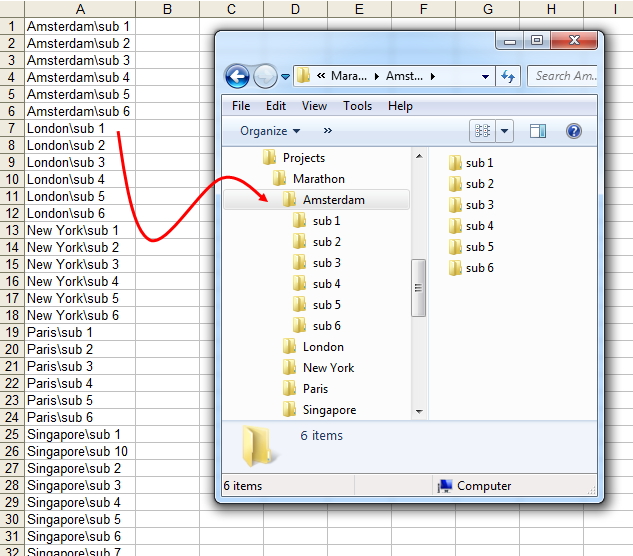 2 Create folders and subfolders by using the backslash character in the cells