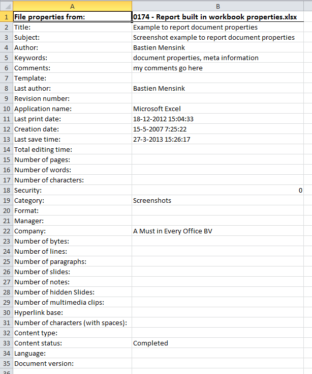 Informações » Criar uma lista de todas as propriedades de pasta de trabalho construídas (título, autor, etc.)