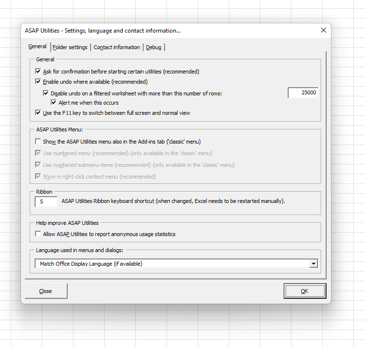 1, ASAP Utilities Options  ›  1 Settings, language and contact information...