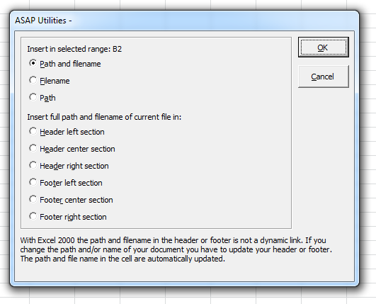 Format  ›  Insert workbook's path and name in header, footer or cell...