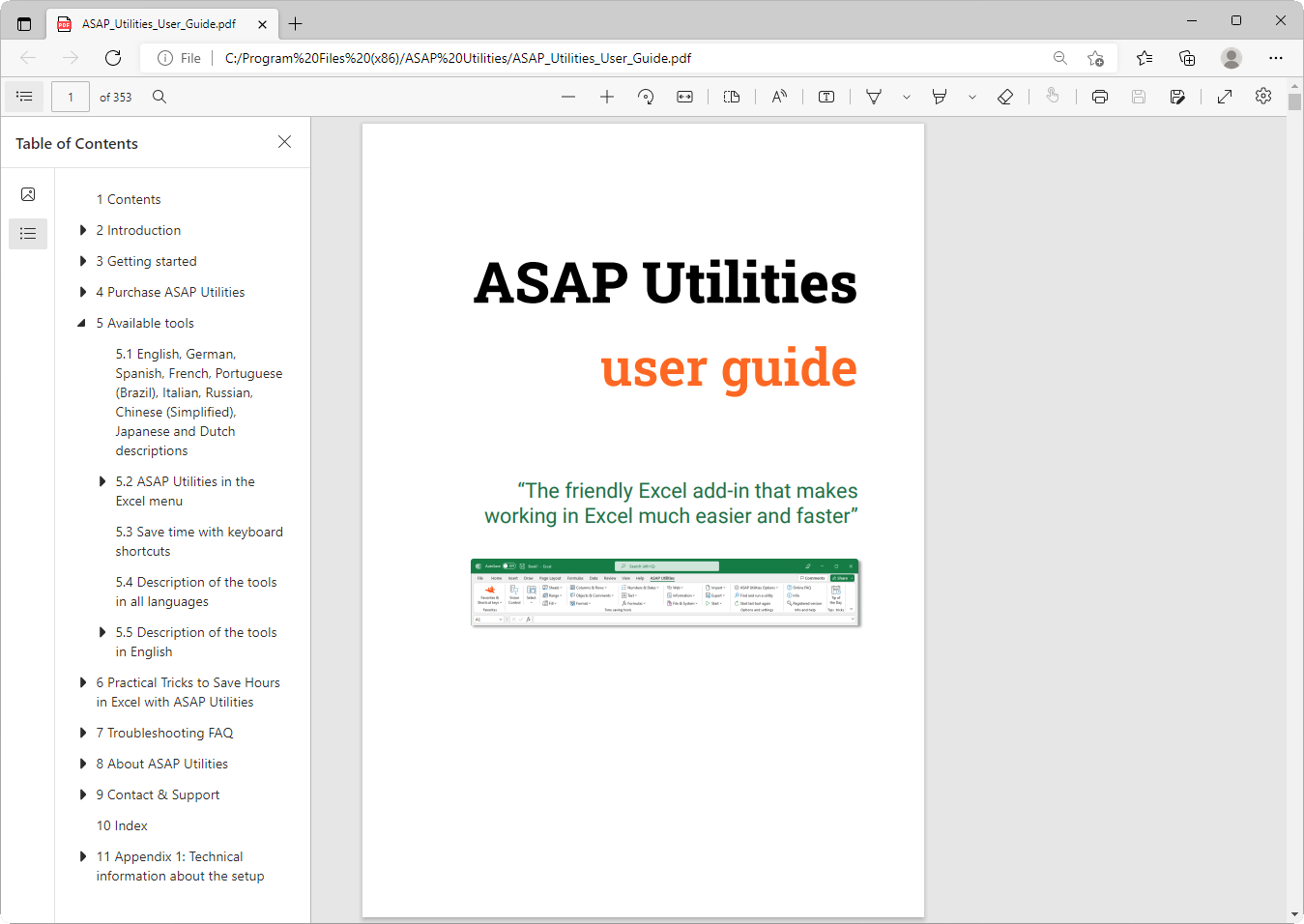 Options ASAP Utilities  ›  Ouvrir le guide de l'utilisateur ASAP Utilities (en anglais, PDF)...