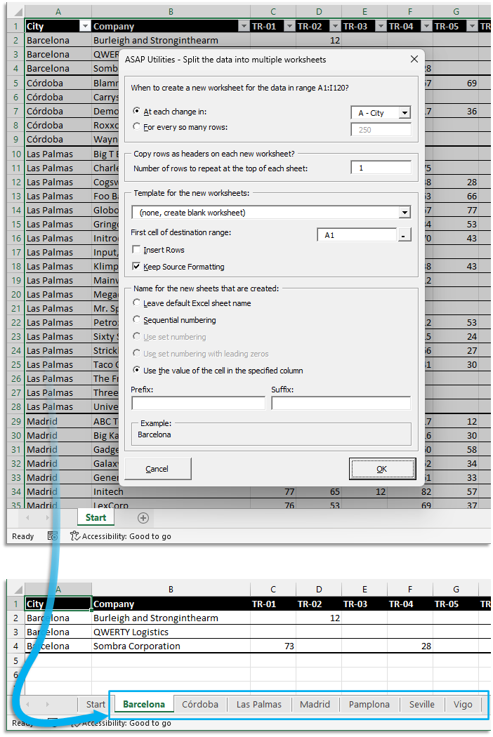 Sheets » Split the selected range into multiple worksheets...