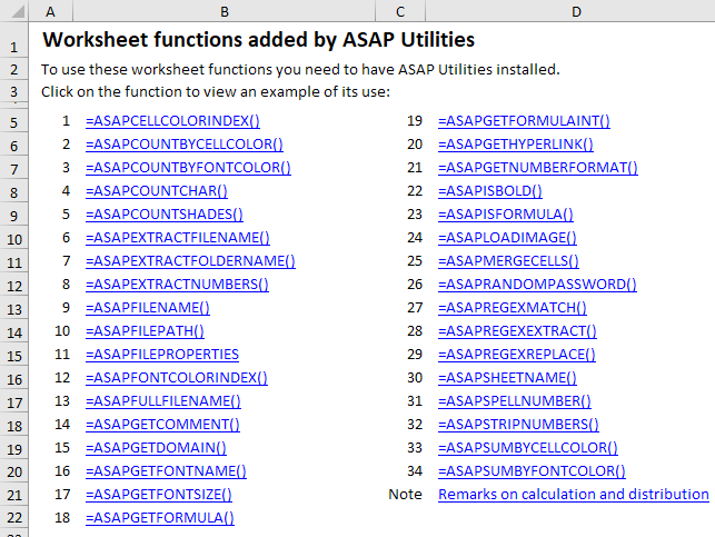 Worksheet functions added by ASAP Utilities