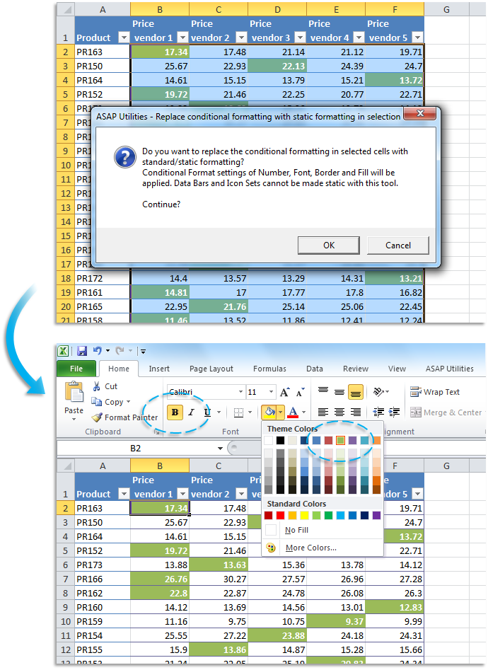 Range  ›  Replace conditional formatting with static formatting in selection