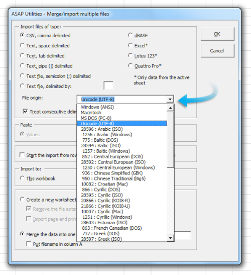 Merge/import text files; Choose the file origin: UTF-8 and many more