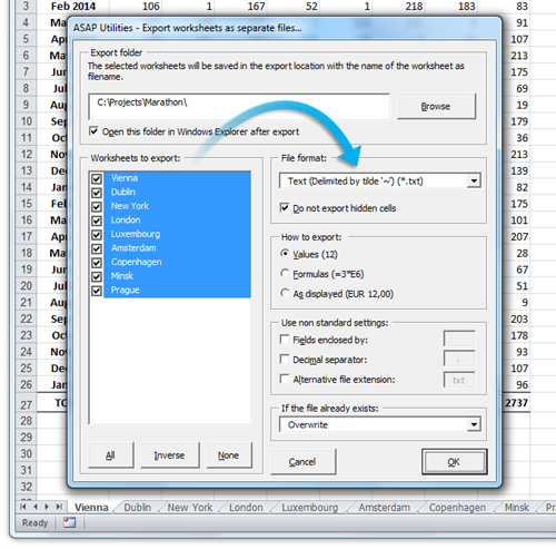 Export/Save worksheets as tilde (~) separated text files