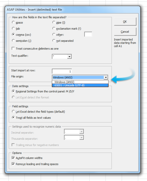 Import text file; Choose file origin: UTF-8 or Windows (ANSI)