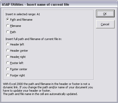 Format » Insert workbook's path and name in header, footer or cell...