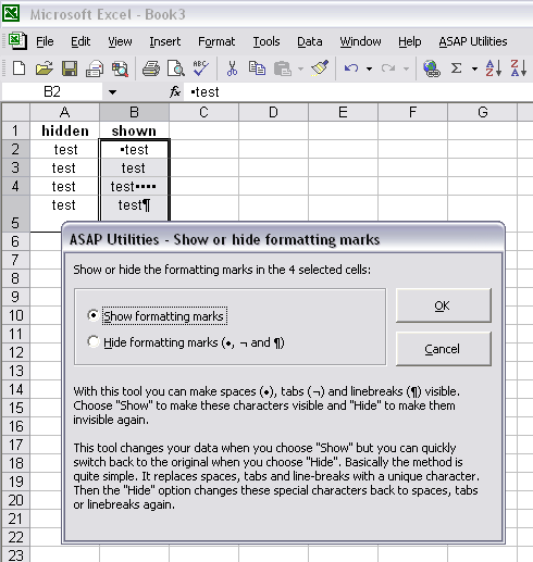 Show or hide formatting marks in selected cells