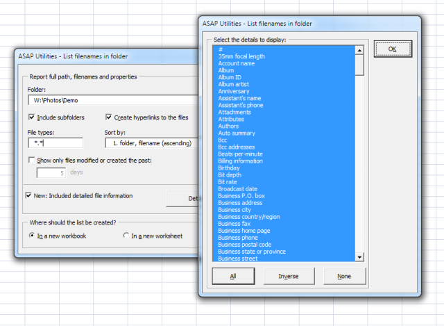 Display file details in Excel