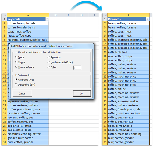 Sort multiple values inside each cell in selection (such as a keywords list, etc.)...