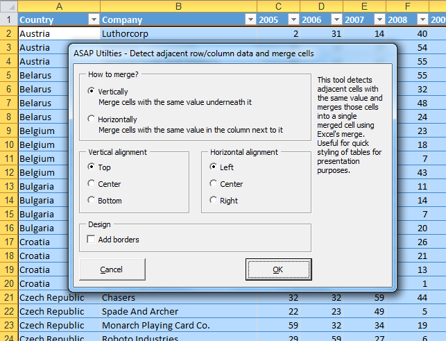 NEW: Detect adjacent row/column data and merge cells...