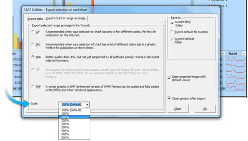 NEW, save range or chart as picture with increased size. You can set the scale from 100% to 500%.