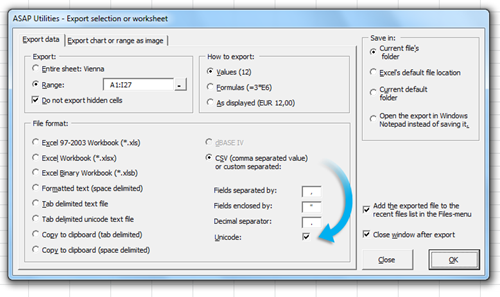 Export in unicode text/csv format