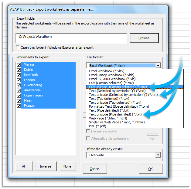 Export/save worksheets in unicode text/csv format