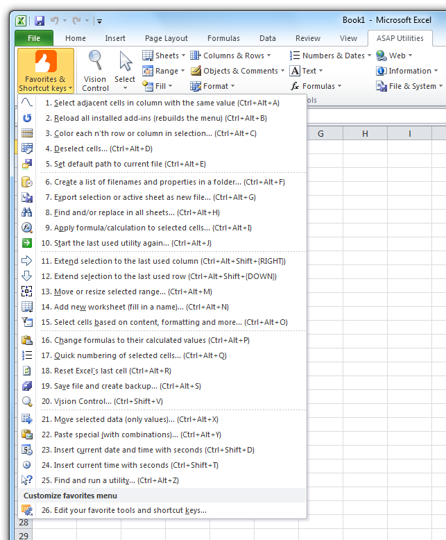 ASAP Utilities - Your Favorites & Shortcut keys