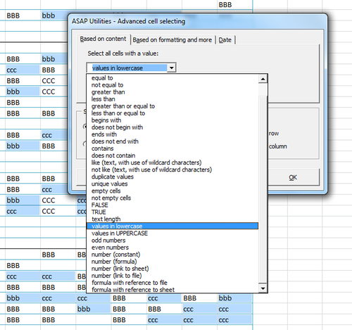 Select cells that are all in lowercase or UPPERcase - lowercase selected